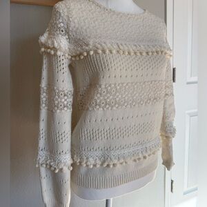 Sézane Cream Sweater with Lace and Fringe